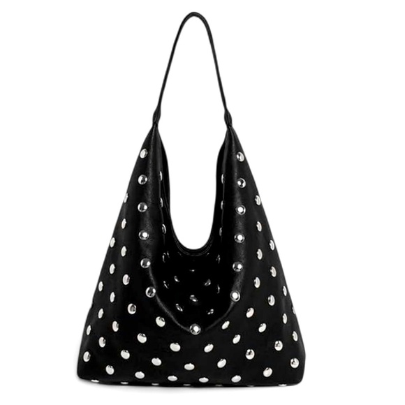 Black Studded hobo large Bag grommets studs silver slouchy bag - Picture 1 of 3